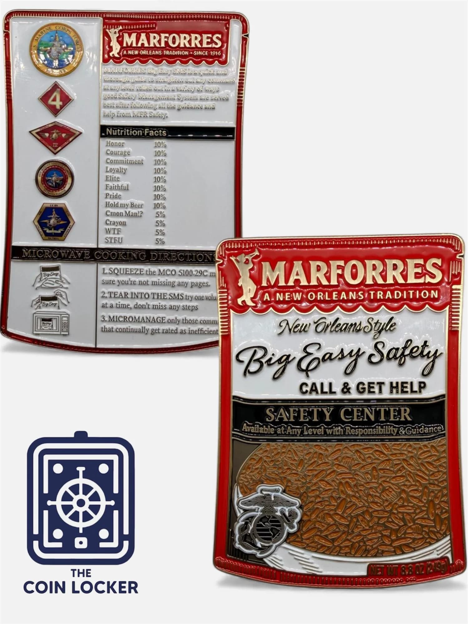 Custom-shaped challenge coins — shield, ship silhouette, and rifle outline forms in antique bronze and silver plating