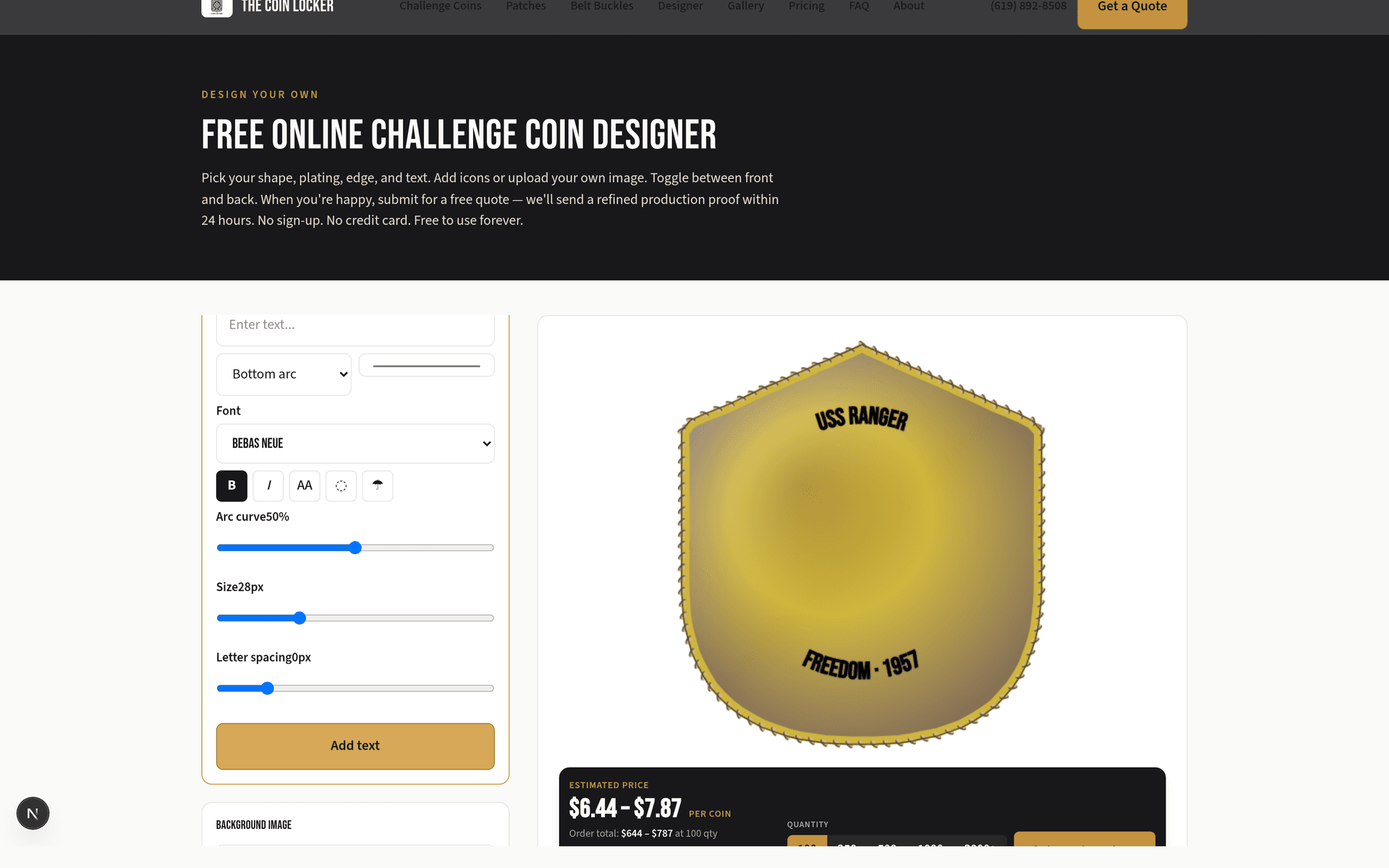 The Coin Locker online coin designer with a custom shield coin in antique gold and rope edge